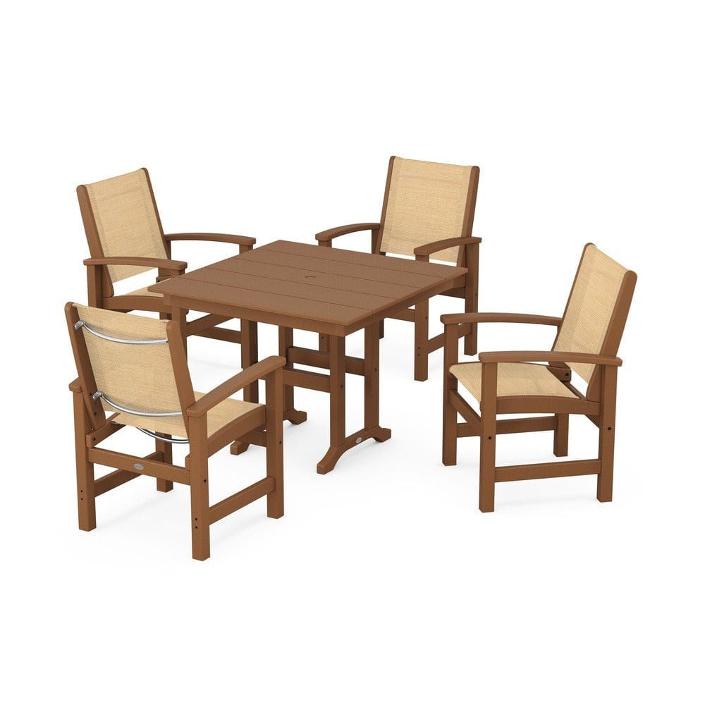 POLYWOOD® Outdoor Furniture Teak / Dupioni Apricot Sling POLYWOOD® - Coastal 5-Piece Farmhouse Dining Set - PWS1141