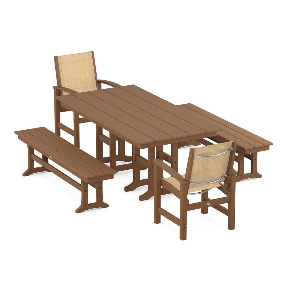 POLYWOOD® Outdoor Furniture Teak / Dupioni Apricot Sling POLYWOOD® - Coastal 5-Piece Farmhouse Dining Set - PWS1175