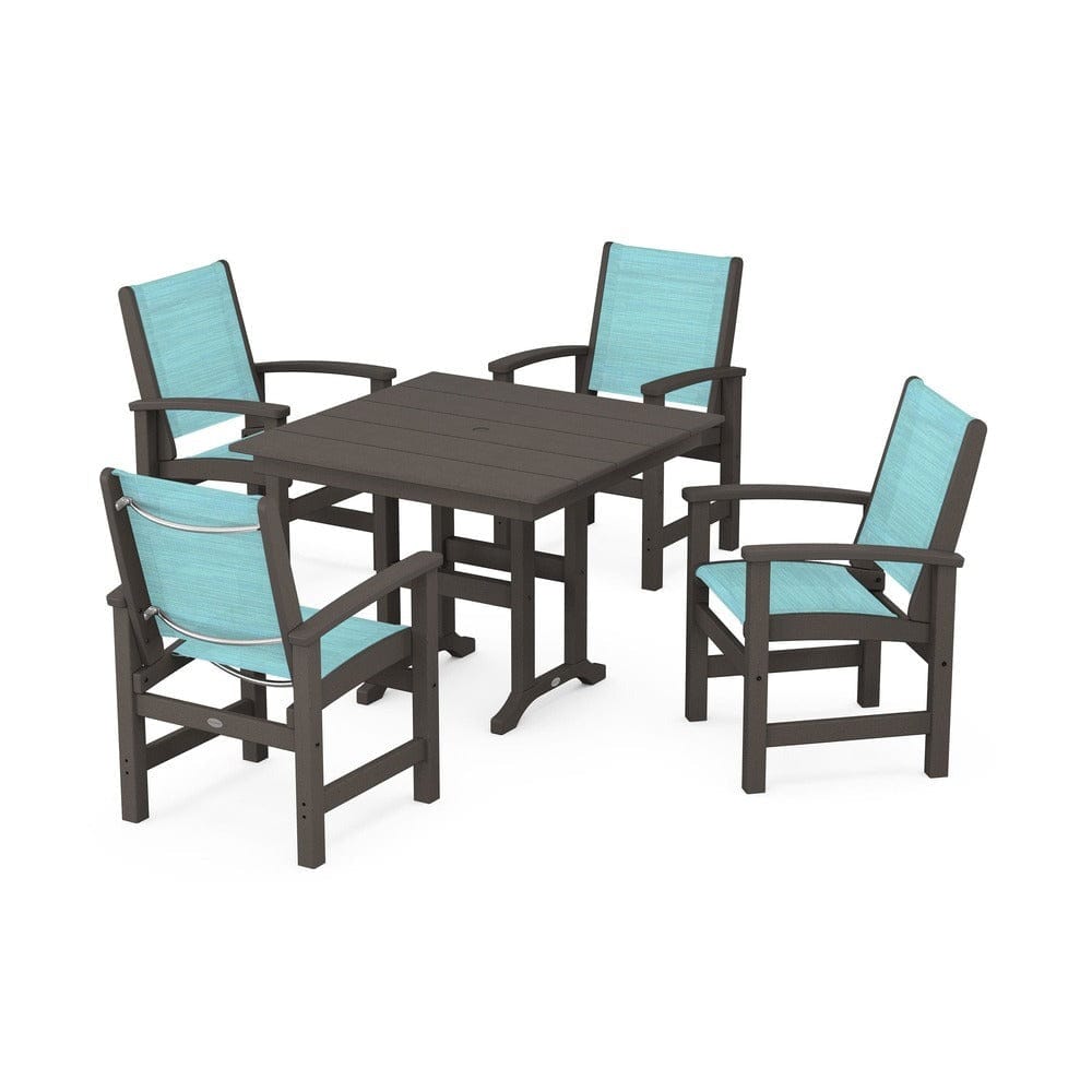 POLYWOOD® Outdoor Furniture Vintage Coffee / Dupioni Aquamarine Sling POLYWOOD® - Coastal 5-Piece Farmhouse Dining Set - PWS1141