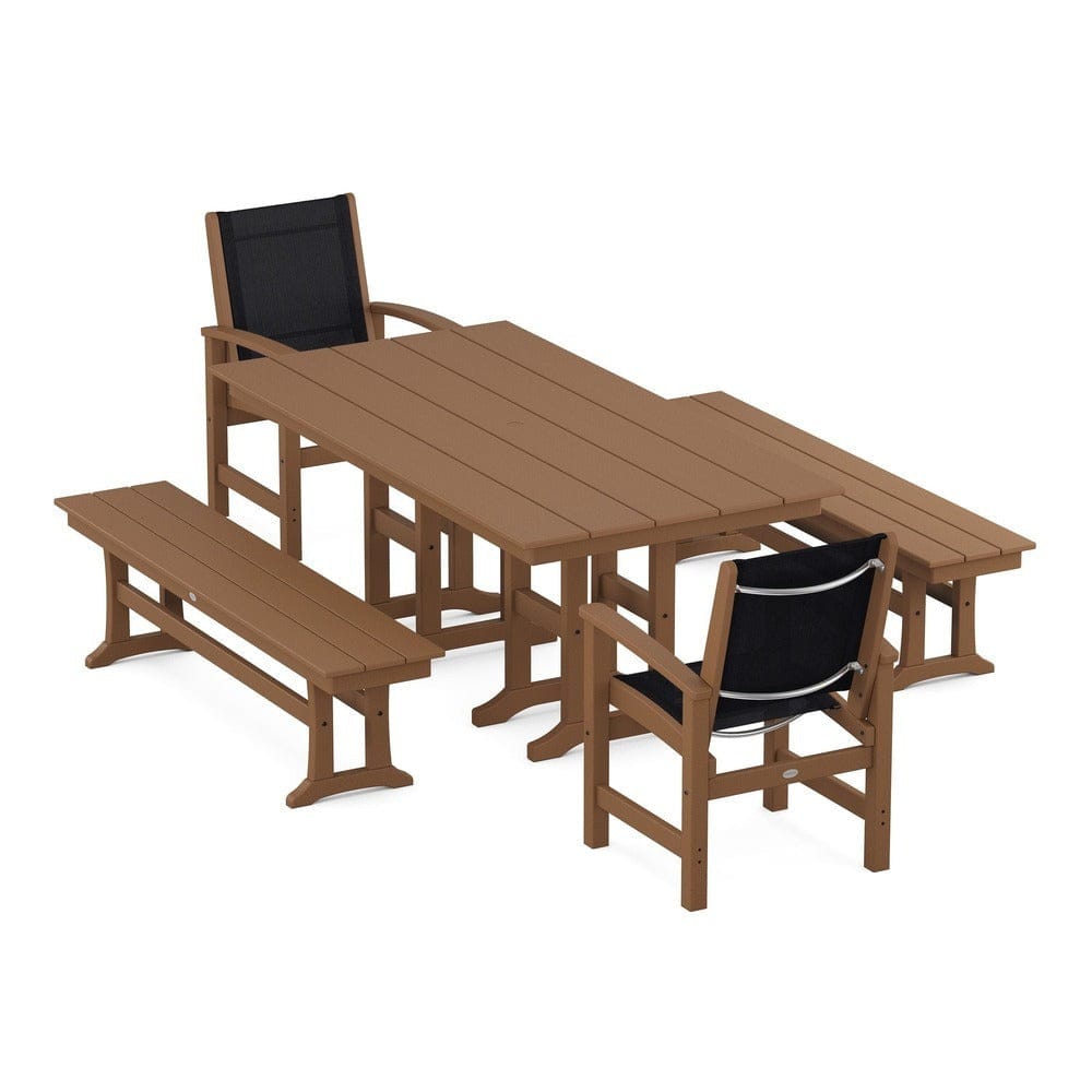 POLYWOOD® Outdoor Furniture Teak / Black Sling POLYWOOD® - Coastal 5-Piece Farmhouse Dining Set - PWS1175