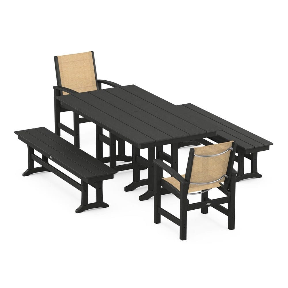POLYWOOD® Outdoor Furniture Black / Dupioni Apricot Sling POLYWOOD® - Coastal 5-Piece Farmhouse Dining Set - PWS1175