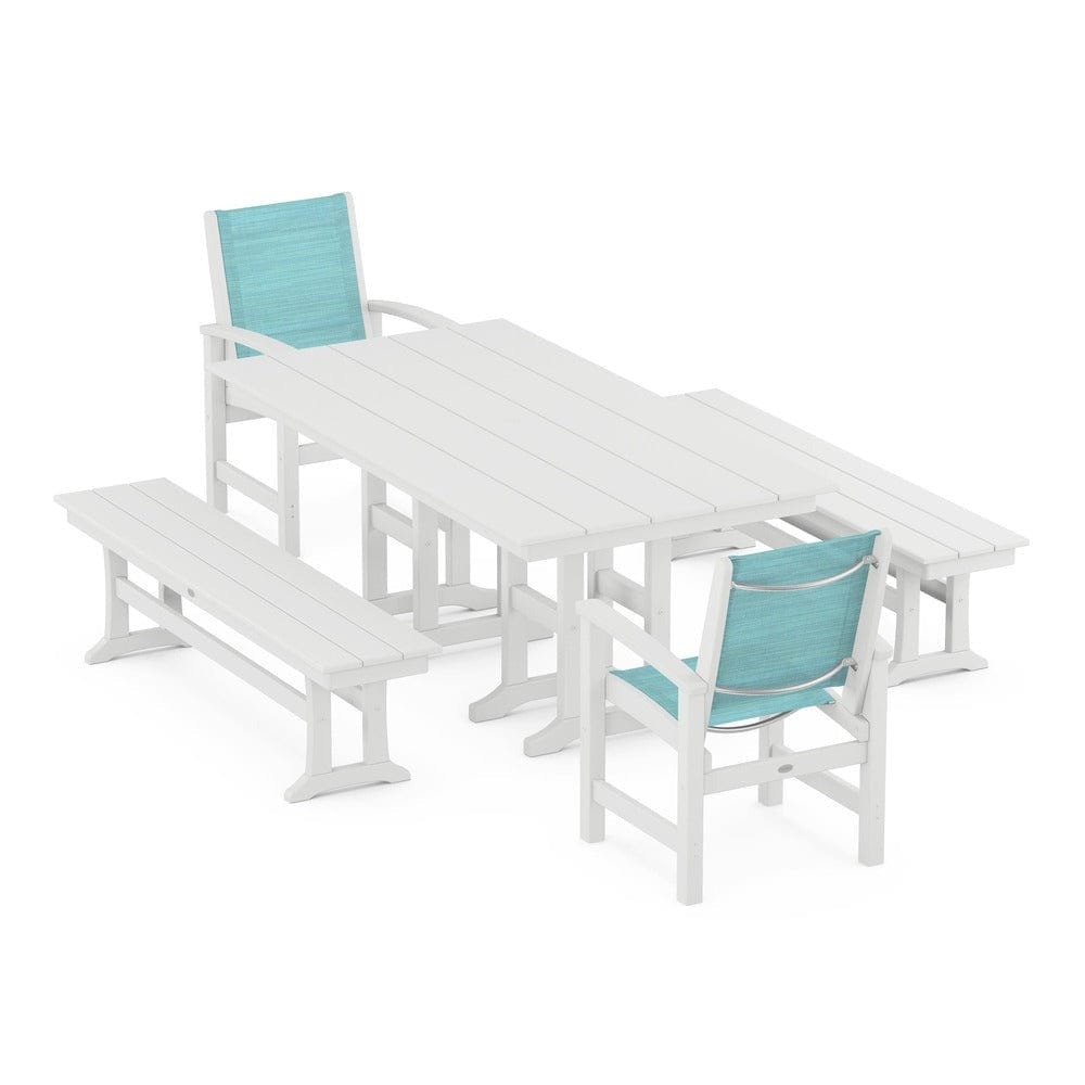 POLYWOOD® Outdoor Furniture White / Dupioni Aquamarine Sling POLYWOOD® - Coastal 5-Piece Farmhouse Dining Set - PWS1175
