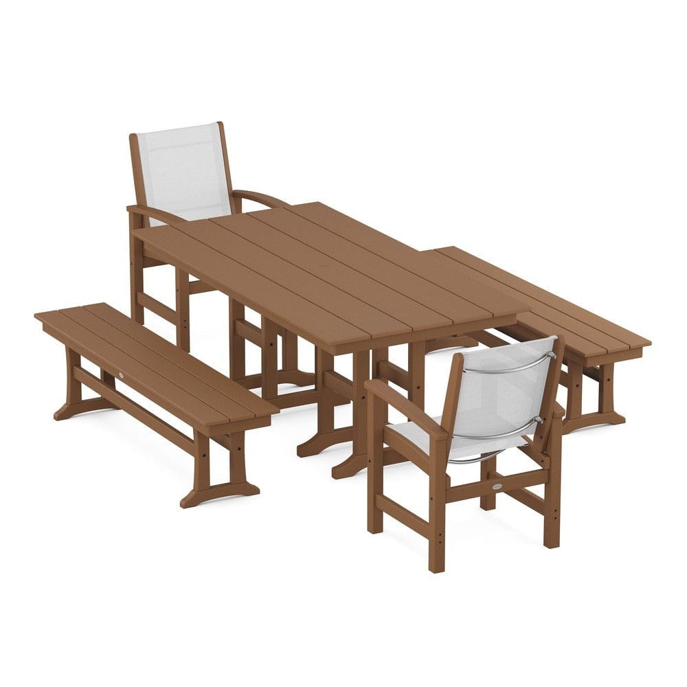 POLYWOOD® Outdoor Furniture Teak / White Sling POLYWOOD® - Coastal 5-Piece Farmhouse Dining Set - PWS1175