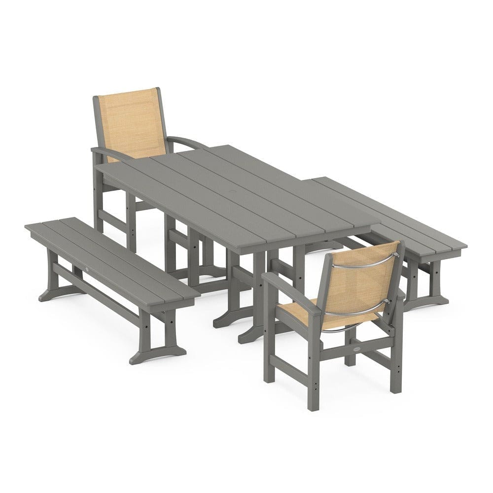 POLYWOOD® Outdoor Furniture Slate Grey / Dupioni Apricot Sling POLYWOOD® - Coastal 5-Piece Farmhouse Dining Set - PWS1175