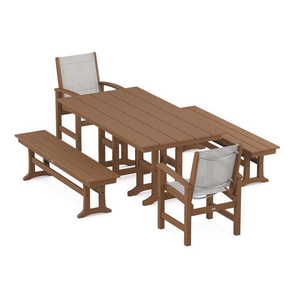 POLYWOOD® Outdoor Furniture Teak / Parchment Sling POLYWOOD® - Coastal 5-Piece Farmhouse Dining Set - PWS1175