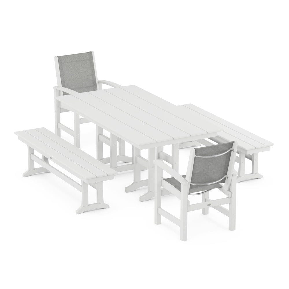 POLYWOOD® Outdoor Furniture White / Metallic Sling POLYWOOD® - Coastal 5-Piece Farmhouse Dining Set - PWS1175