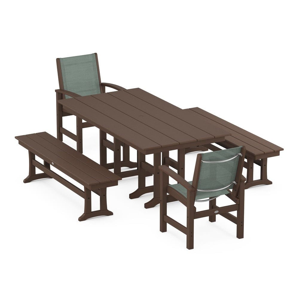 POLYWOOD® Outdoor Furniture Mahogany / Dupioni Sea Mist Sling POLYWOOD® - Coastal 5-Piece Farmhouse Dining Set - PWS1175