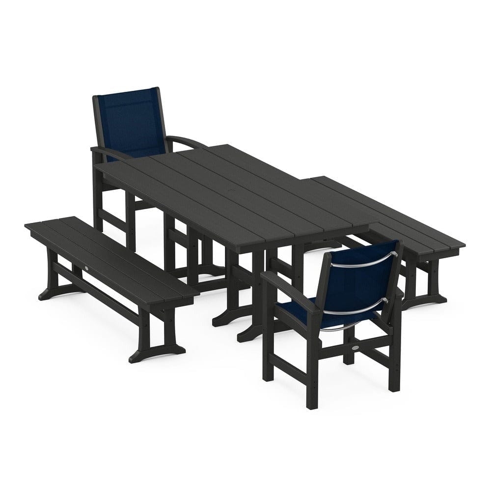 POLYWOOD® Outdoor Furniture Black / Navy Blue Sling POLYWOOD® - Coastal 5-Piece Farmhouse Dining Set - PWS1175