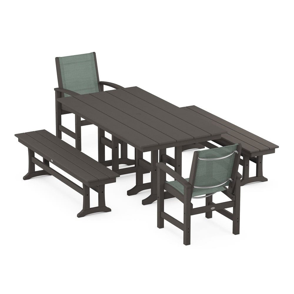 POLYWOOD® Outdoor Furniture Vintage Coffee / Dupioni Sea Mist Sling POLYWOOD® - Coastal 5-Piece Farmhouse Dining Set - PWS1175