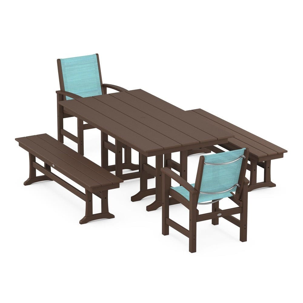 POLYWOOD® Outdoor Furniture Mahogany / Dupioni Aquamarine Sling POLYWOOD® - Coastal 5-Piece Farmhouse Dining Set - PWS1175