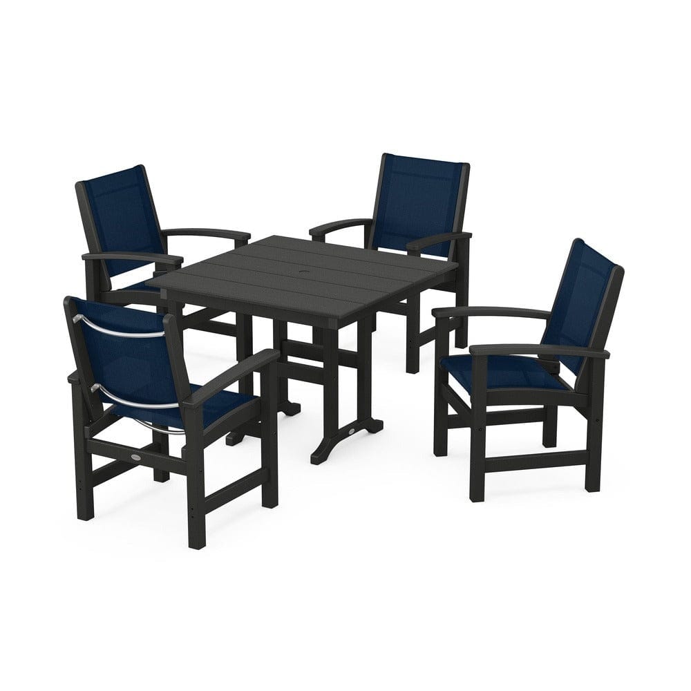 POLYWOOD® Outdoor Furniture Black / Navy Blue Sling POLYWOOD® - Coastal 5-Piece Farmhouse Dining Set - PWS1141
