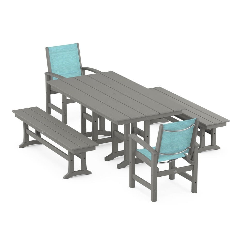 POLYWOOD® Outdoor Furniture Slate Grey / Dupioni Aquamarine Sling POLYWOOD® - Coastal 5-Piece Farmhouse Dining Set - PWS1175