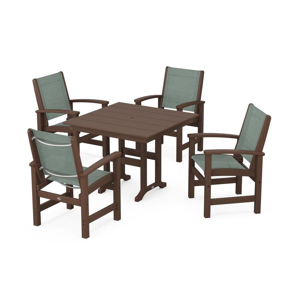 POLYWOOD® Outdoor Furniture Mahogany / Dupioni Sea Mist Sling POLYWOOD® - Coastal 5-Piece Farmhouse Dining Set - PWS1141