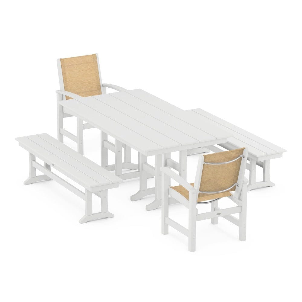 POLYWOOD® Outdoor Furniture White / Dupioni Apricot Sling POLYWOOD® - Coastal 5-Piece Farmhouse Dining Set - PWS1175