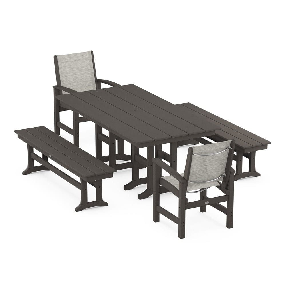 POLYWOOD® Outdoor Furniture Vintage Coffee / Birch Sling POLYWOOD® - Coastal 5-Piece Farmhouse Dining Set - PWS1175
