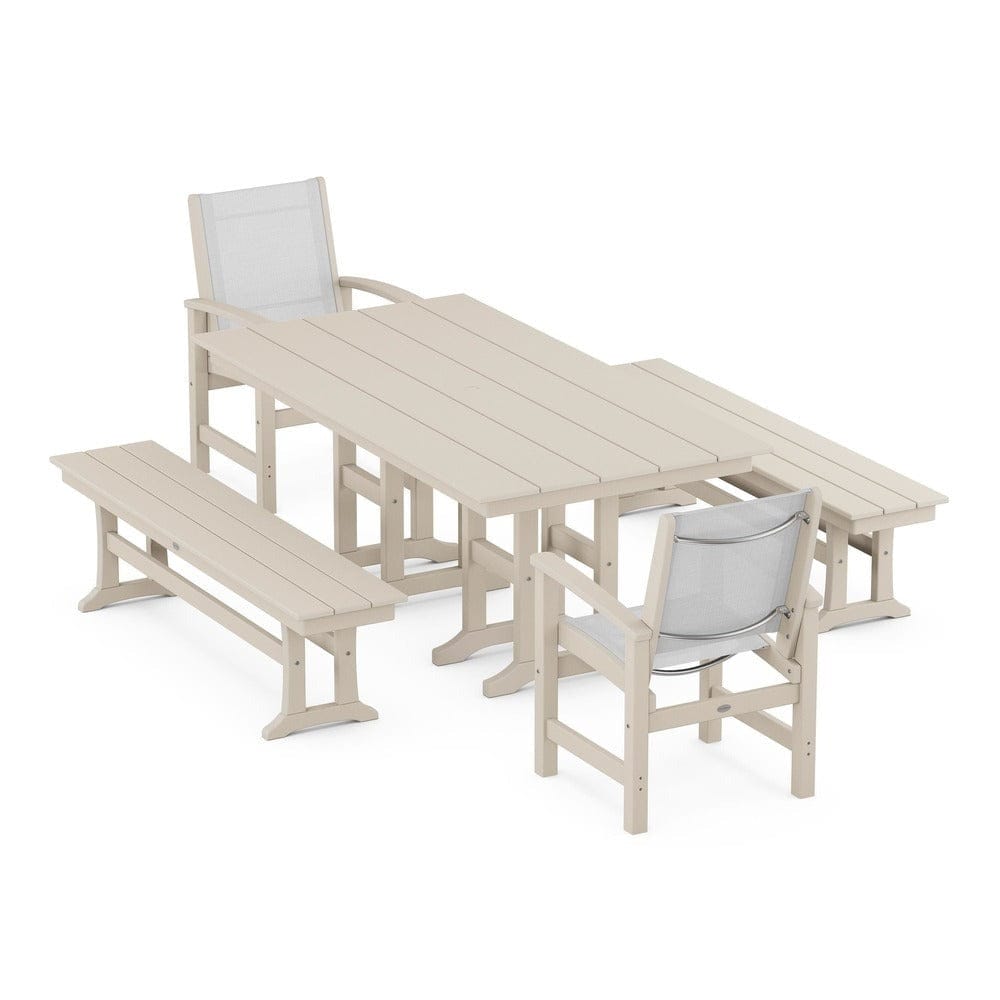 POLYWOOD® Outdoor Furniture Sand / White Sling POLYWOOD® - Coastal 5-Piece Farmhouse Dining Set - PWS1175