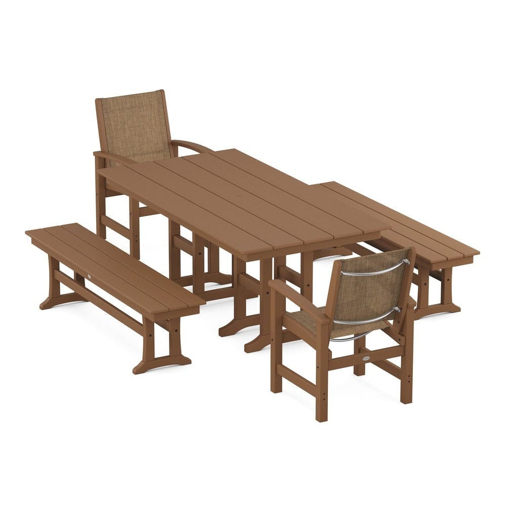 POLYWOOD® Outdoor Furniture Teak / Burlap Sling POLYWOOD® - Coastal 5-Piece Farmhouse Dining Set - PWS1175