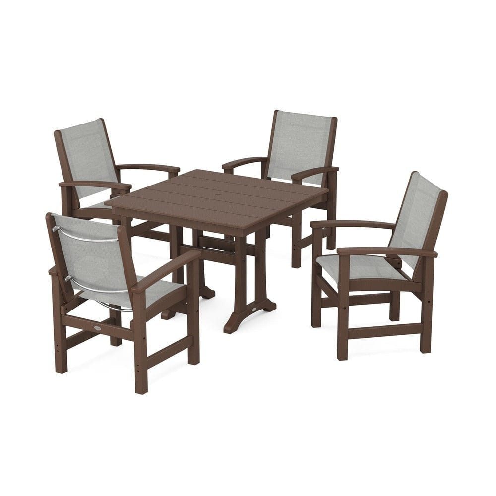 POLYWOOD® Outdoor Furniture Mahogany / Metallic Sling POLYWOOD® - Coastal 5-Piece Farmhouse Dining Set With Trestle Legs - PWS944