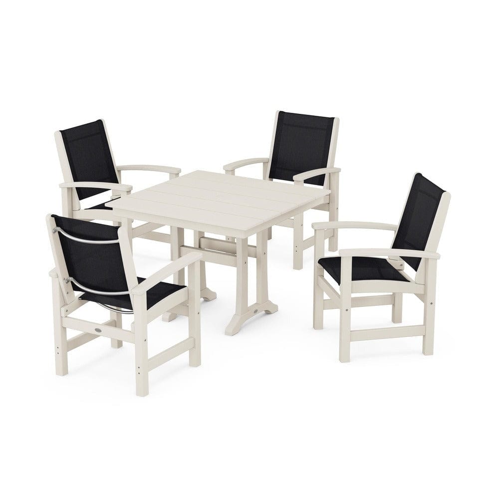POLYWOOD® Outdoor Furniture Sand / Black Sling POLYWOOD® - Coastal 5-Piece Farmhouse Dining Set With Trestle Legs - PWS944