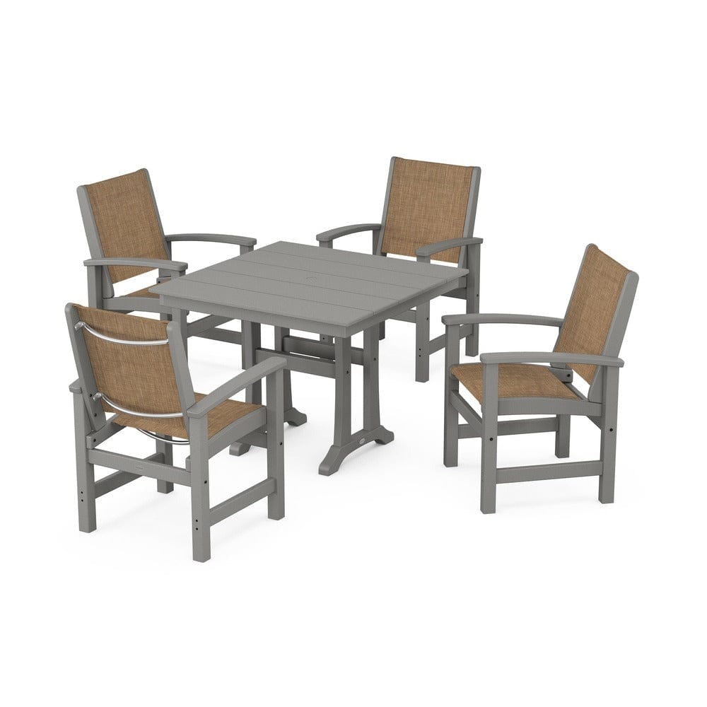 POLYWOOD® Outdoor Furniture Slate Grey / Burlap Sling POLYWOOD® - Coastal 5-Piece Farmhouse Dining Set With Trestle Legs - PWS944