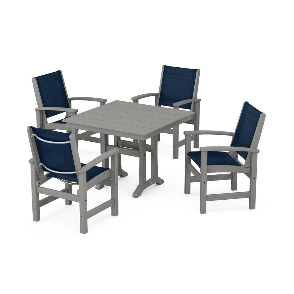 POLYWOOD® Outdoor Furniture Slate Grey / Navy Blue Sling POLYWOOD® - Coastal 5-Piece Farmhouse Dining Set With Trestle Legs - PWS944