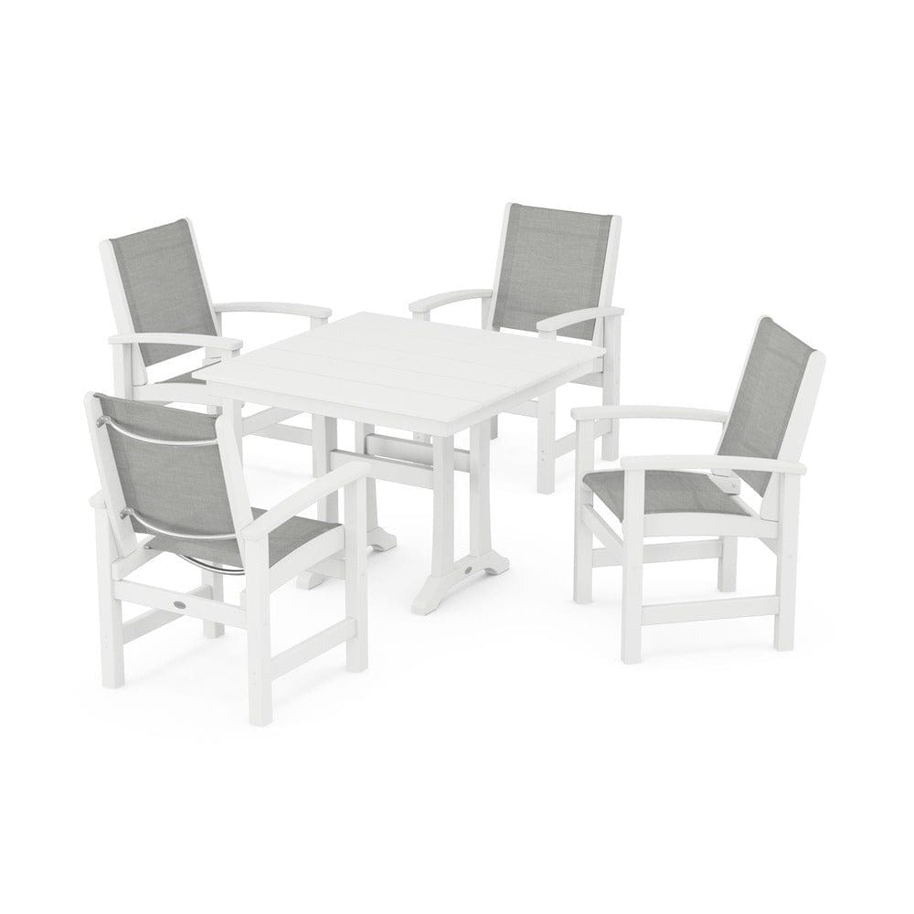 POLYWOOD® Outdoor Furniture White / Metallic Sling POLYWOOD® - Coastal 5-Piece Farmhouse Dining Set With Trestle Legs - PWS944