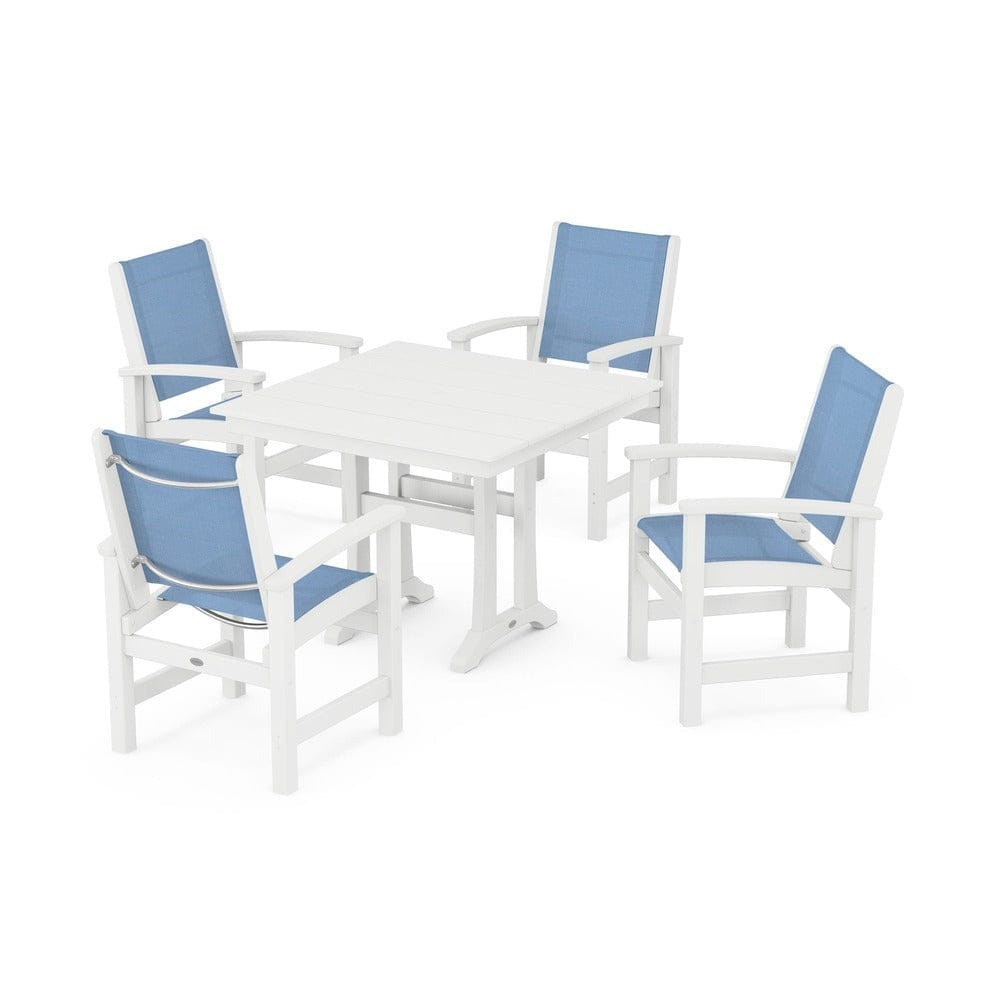 POLYWOOD® Outdoor Furniture White / Poolside Sling POLYWOOD® - Coastal 5-Piece Farmhouse Dining Set With Trestle Legs - PWS944