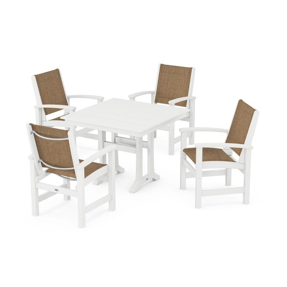 POLYWOOD® Outdoor Furniture White / Burlap Sling POLYWOOD® - Coastal 5-Piece Farmhouse Dining Set With Trestle Legs - PWS944