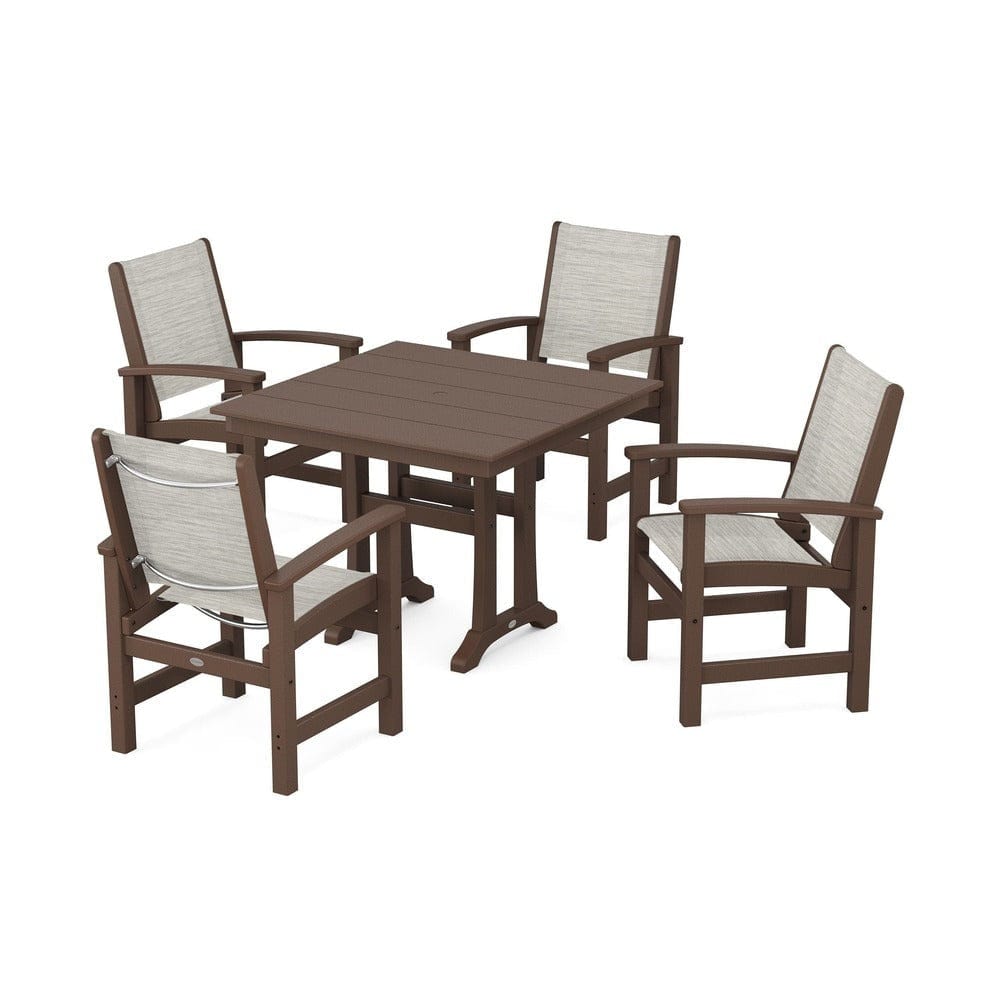 POLYWOOD® Outdoor Furniture Mahogany / Birch Sling POLYWOOD® - Coastal 5-Piece Farmhouse Dining Set With Trestle Legs - PWS944
