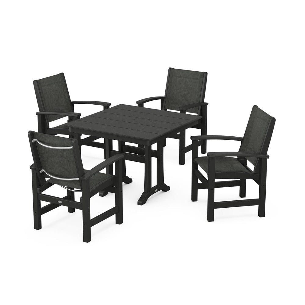 POLYWOOD® Outdoor Furniture Black / Ember Sling POLYWOOD® - Coastal 5-Piece Farmhouse Dining Set With Trestle Legs - PWS944