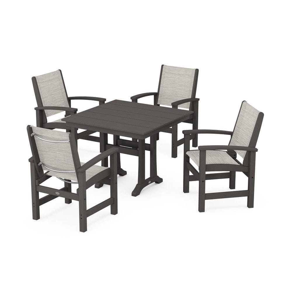 POLYWOOD® Outdoor Furniture Vintage Coffee / Birch Sling POLYWOOD® - Coastal 5-Piece Farmhouse Dining Set With Trestle Legs - PWS944