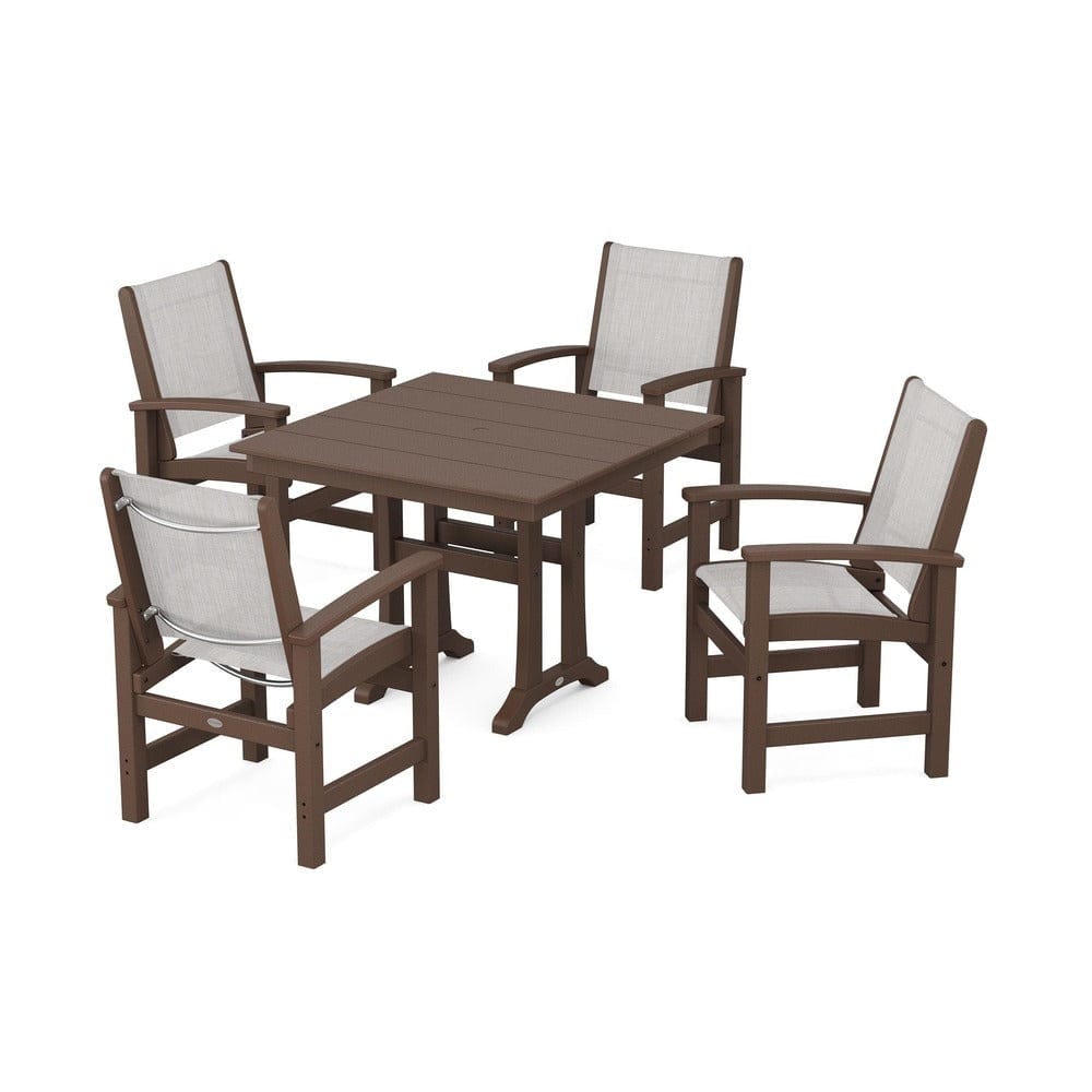 POLYWOOD® Outdoor Furniture Mahogany / Parchment Sling POLYWOOD® - Coastal 5-Piece Farmhouse Dining Set With Trestle Legs - PWS944
