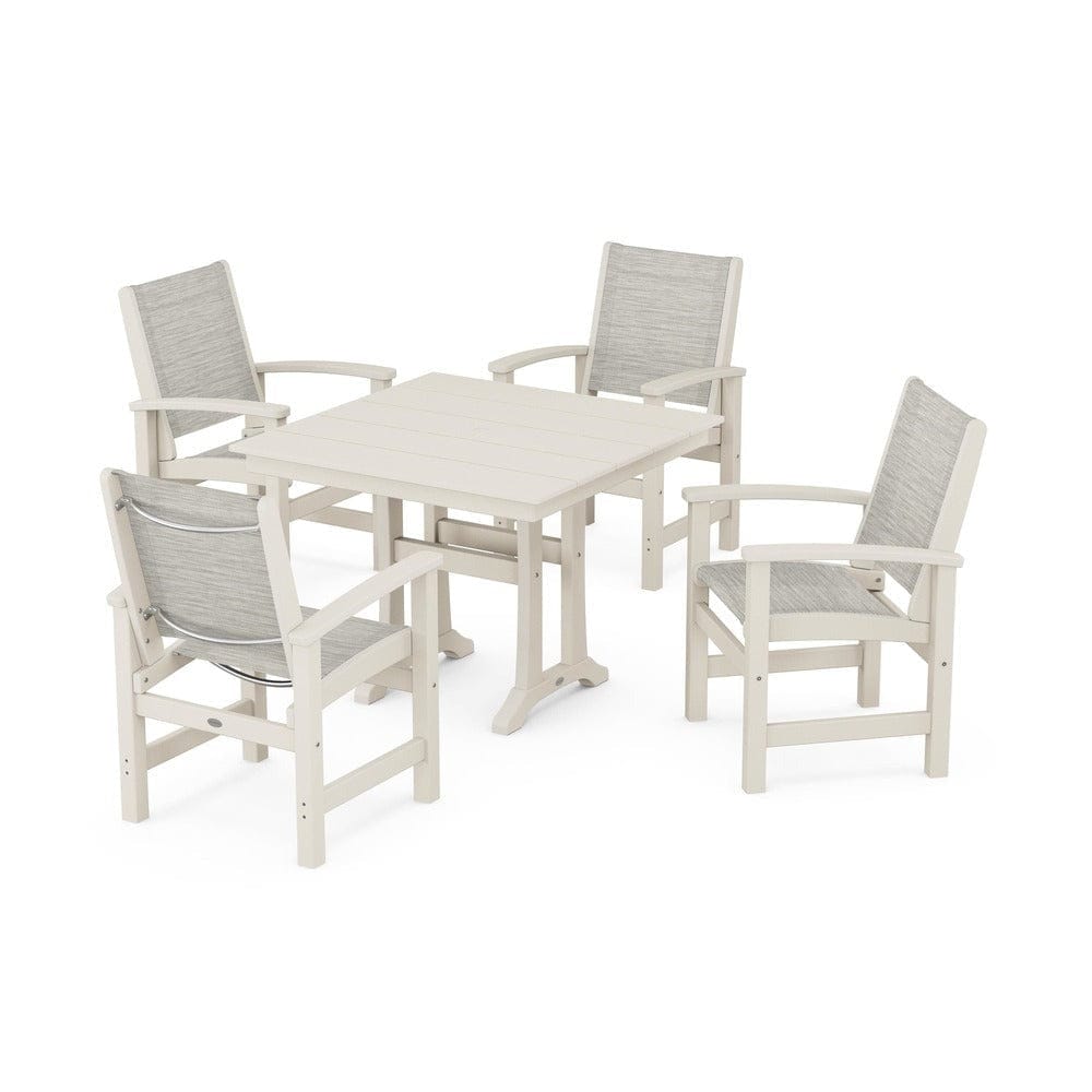 POLYWOOD® Outdoor Furniture Sand / Birch Sling POLYWOOD® - Coastal 5-Piece Farmhouse Dining Set With Trestle Legs - PWS944
