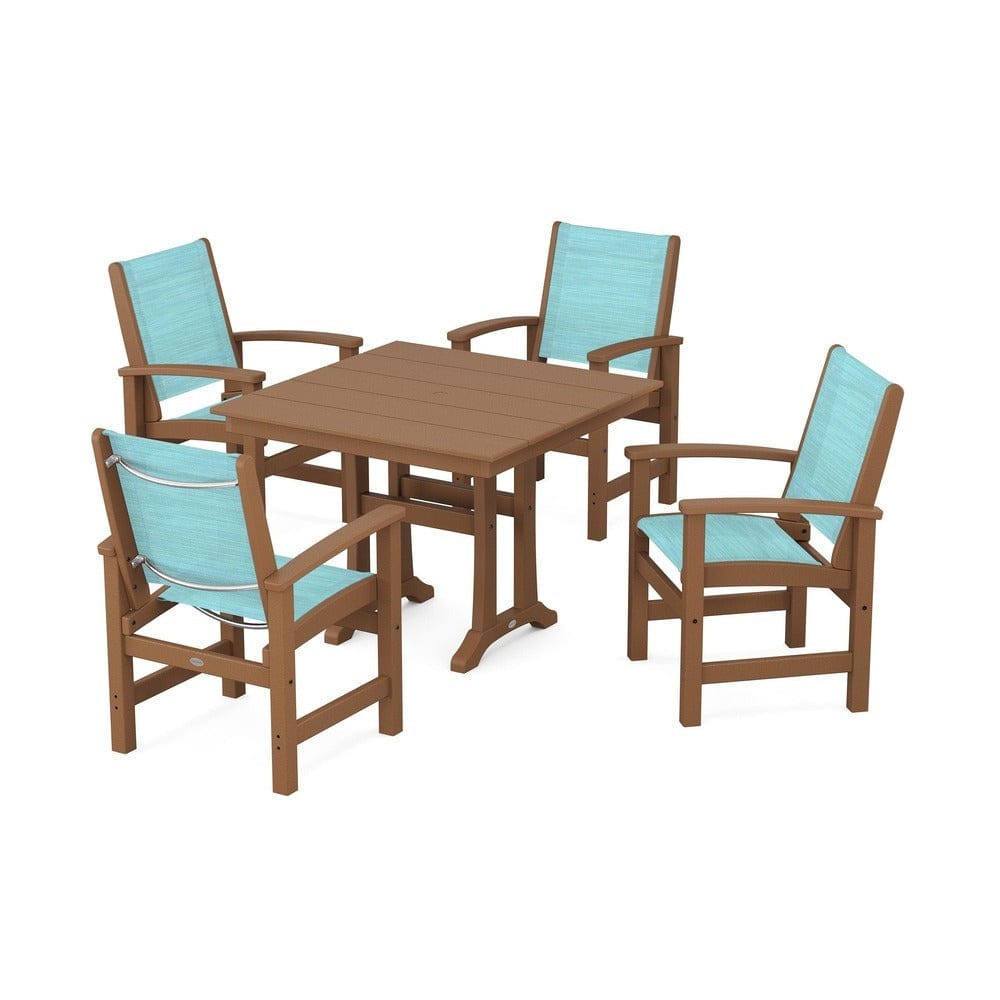POLYWOOD® Outdoor Furniture Teak / Dupioni Aquamarine Sling POLYWOOD® - Coastal 5-Piece Farmhouse Dining Set With Trestle Legs - PWS944