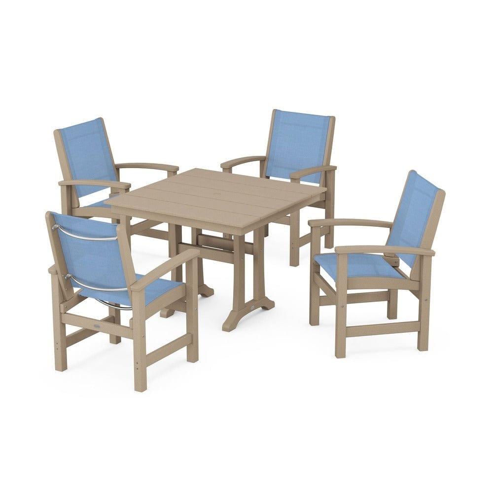 POLYWOOD® Outdoor Furniture Vintage Sahara / Poolside Sling POLYWOOD® - Coastal 5-Piece Farmhouse Dining Set With Trestle Legs - PWS944