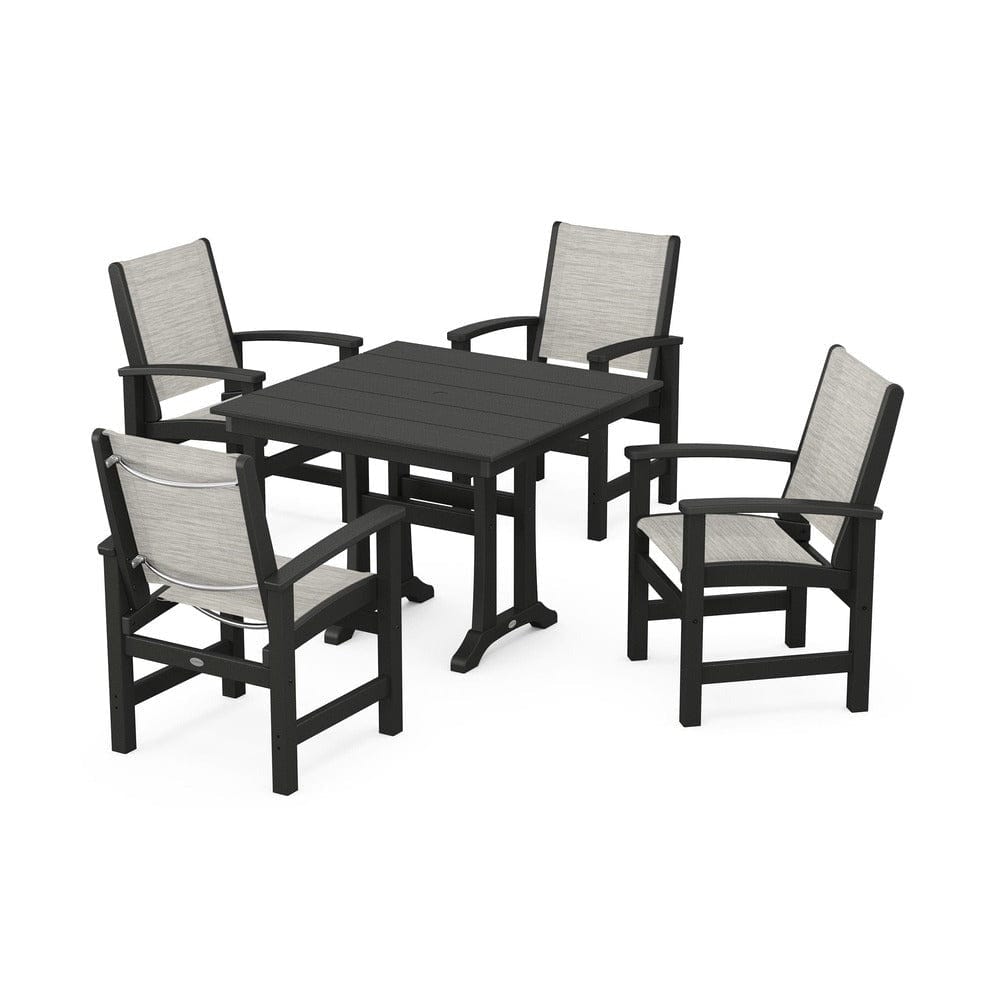 POLYWOOD® Outdoor Furniture Black / Birch Sling POLYWOOD® - Coastal 5-Piece Farmhouse Dining Set With Trestle Legs - PWS944