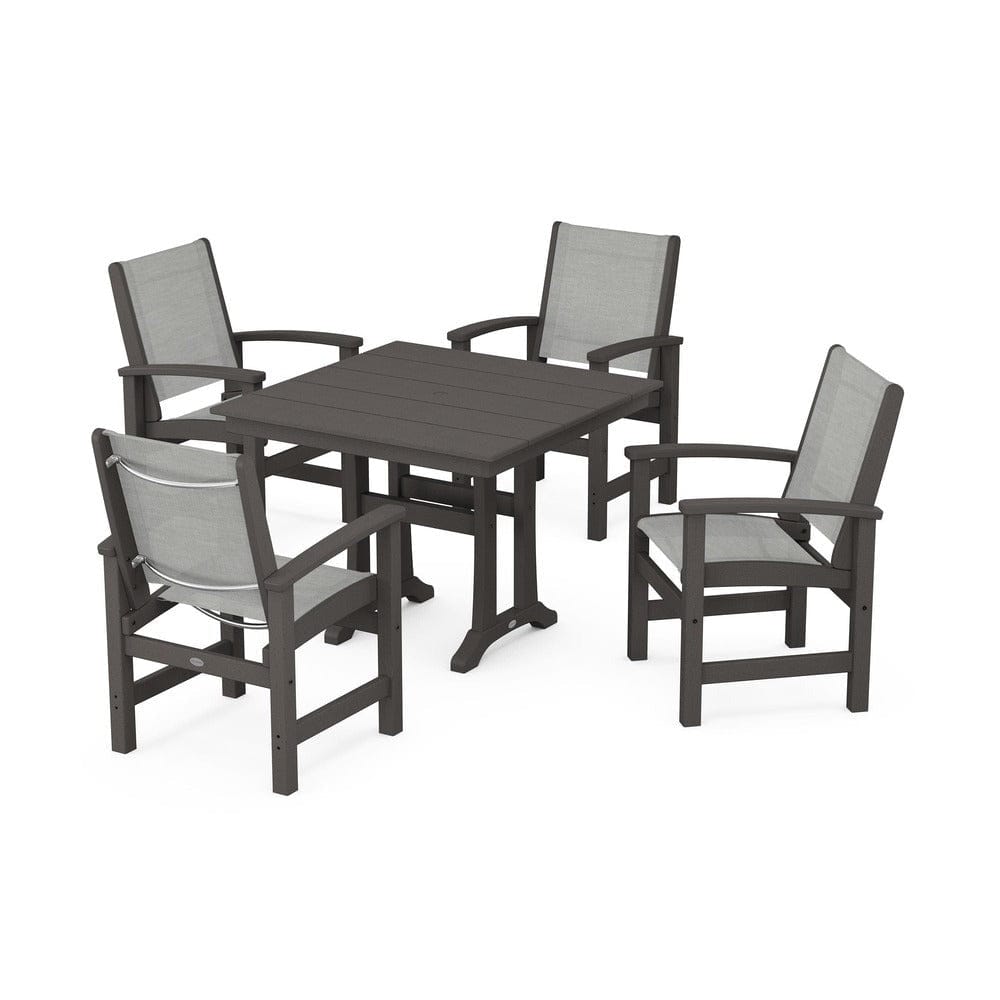 POLYWOOD® Outdoor Furniture Vintage Coffee / Metallic Sling POLYWOOD® - Coastal 5-Piece Farmhouse Dining Set With Trestle Legs - PWS944