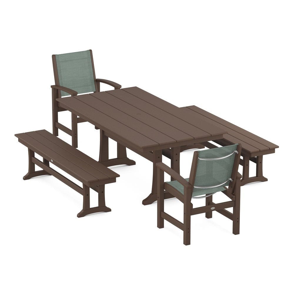 POLYWOOD® Outdoor Furniture Mahogany / Dupioni Sea Mist Sling POLYWOOD® - Coastal 5-Piece Farmhouse Dining Set with Trestle Legs and Benches - PWS1000