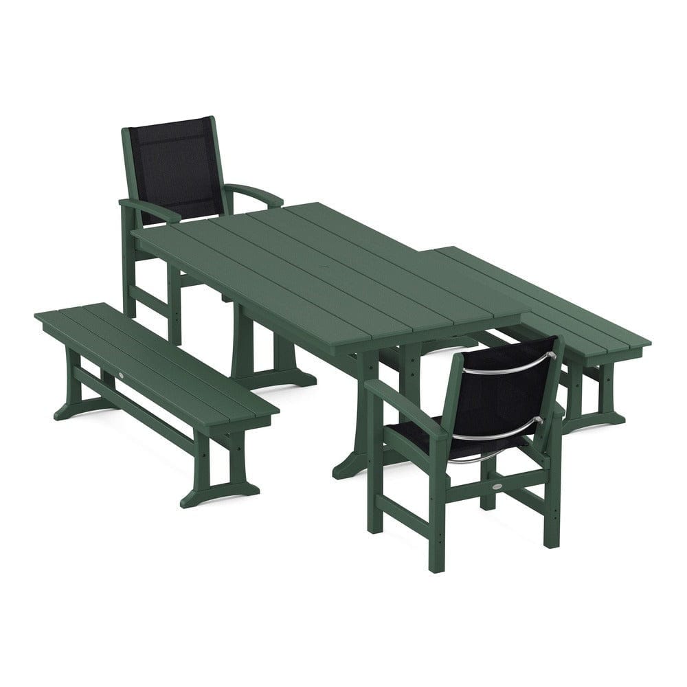 POLYWOOD® Outdoor Furniture Green / Black Sling POLYWOOD® - Coastal 5-Piece Farmhouse Dining Set with Trestle Legs and Benches - PWS1000