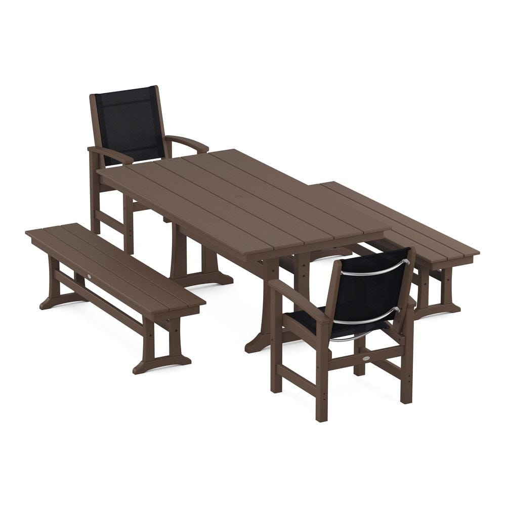POLYWOOD® Outdoor Furniture Mahogany / Black Sling POLYWOOD® - Coastal 5-Piece Farmhouse Dining Set with Trestle Legs and Benches - PWS1000