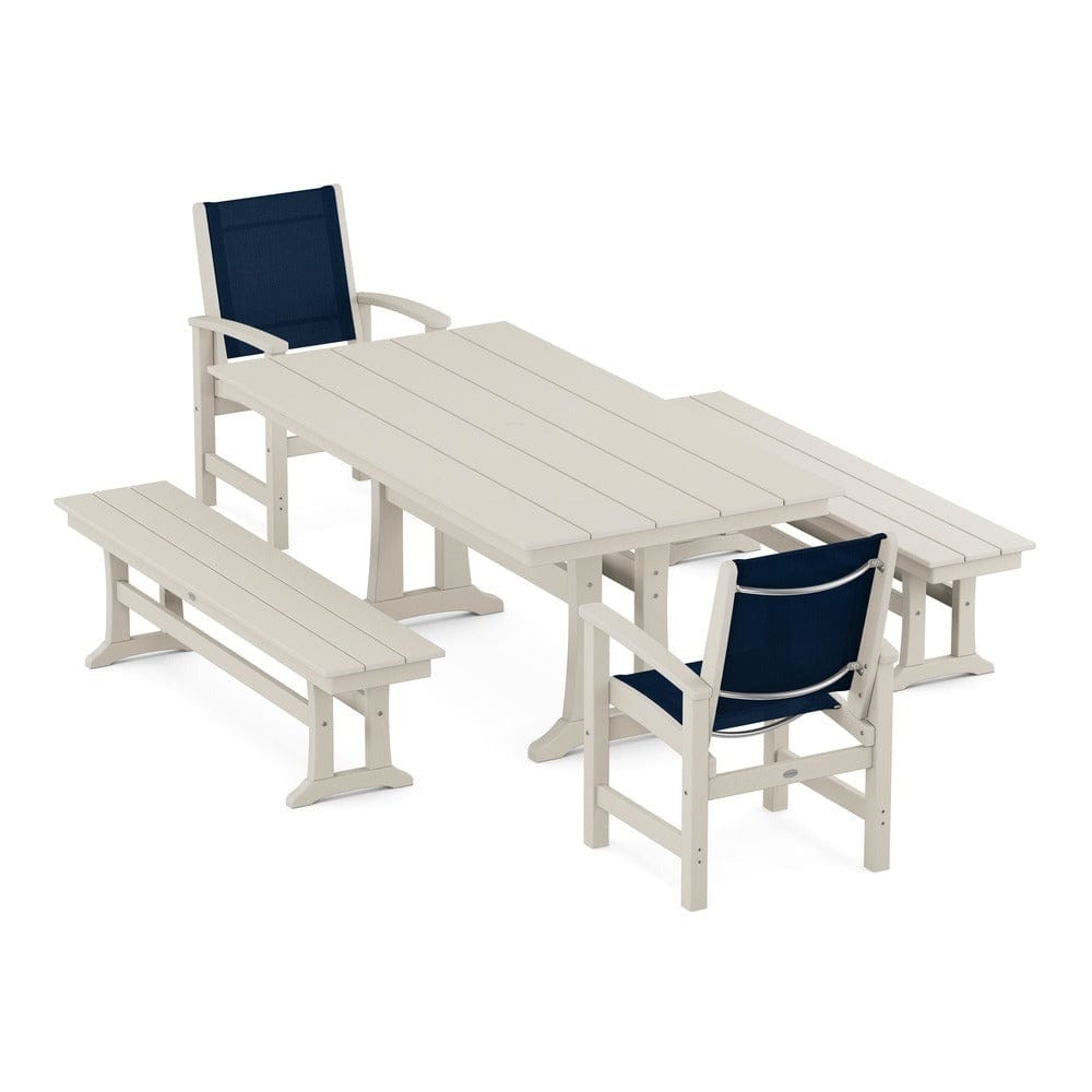 POLYWOOD® Outdoor Furniture Sand / Navy Blue Sling POLYWOOD® - Coastal 5-Piece Farmhouse Dining Set with Trestle Legs and Benches - PWS1000