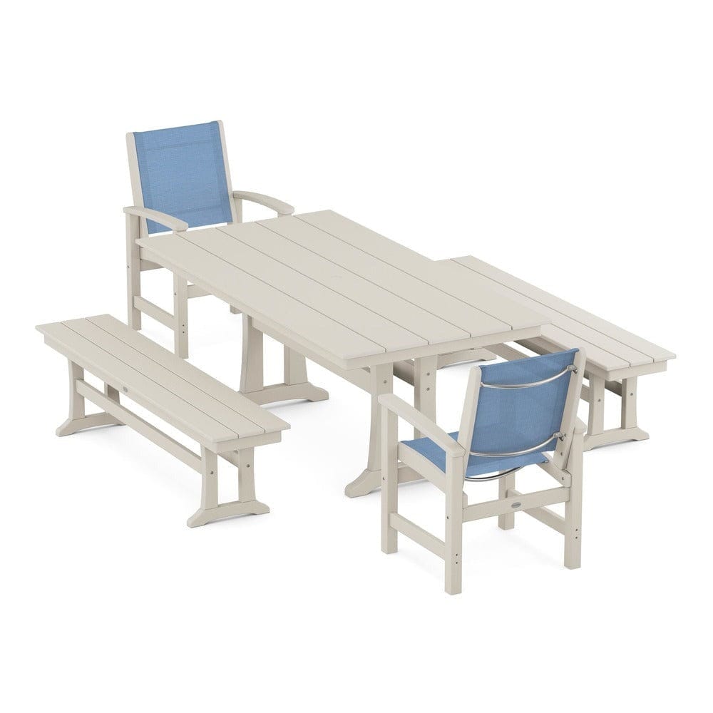 POLYWOOD® Outdoor Furniture Sand / Poolside Sling POLYWOOD® - Coastal 5-Piece Farmhouse Dining Set with Trestle Legs and Benches - PWS1000
