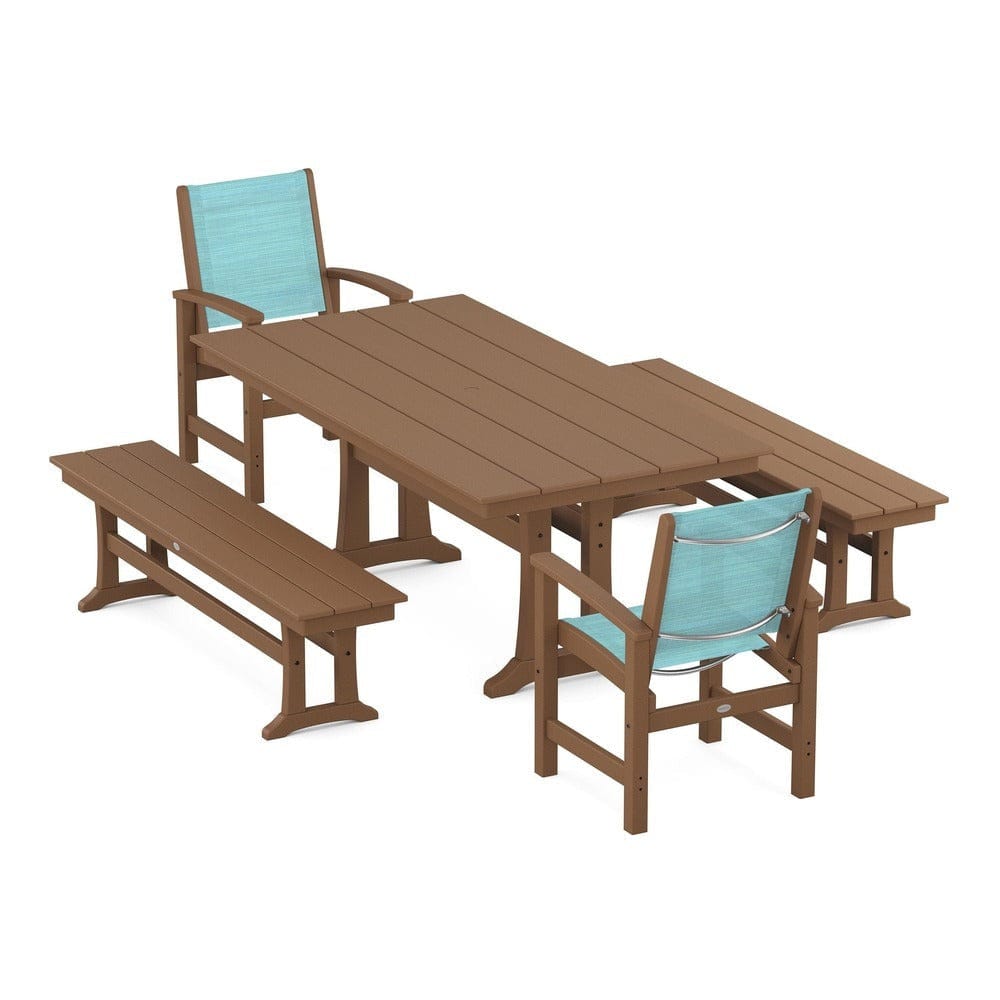 POLYWOOD® Outdoor Furniture Teak / Dupioni Aquamarine Sling POLYWOOD® - Coastal 5-Piece Farmhouse Dining Set with Trestle Legs and Benches - PWS1000