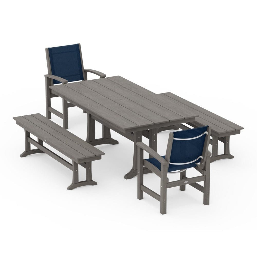 POLYWOOD® Outdoor Furniture POLYWOOD® - Coastal 5-Piece Farmhouse Dining Set with Trestle Legs and Benches - PWS1000