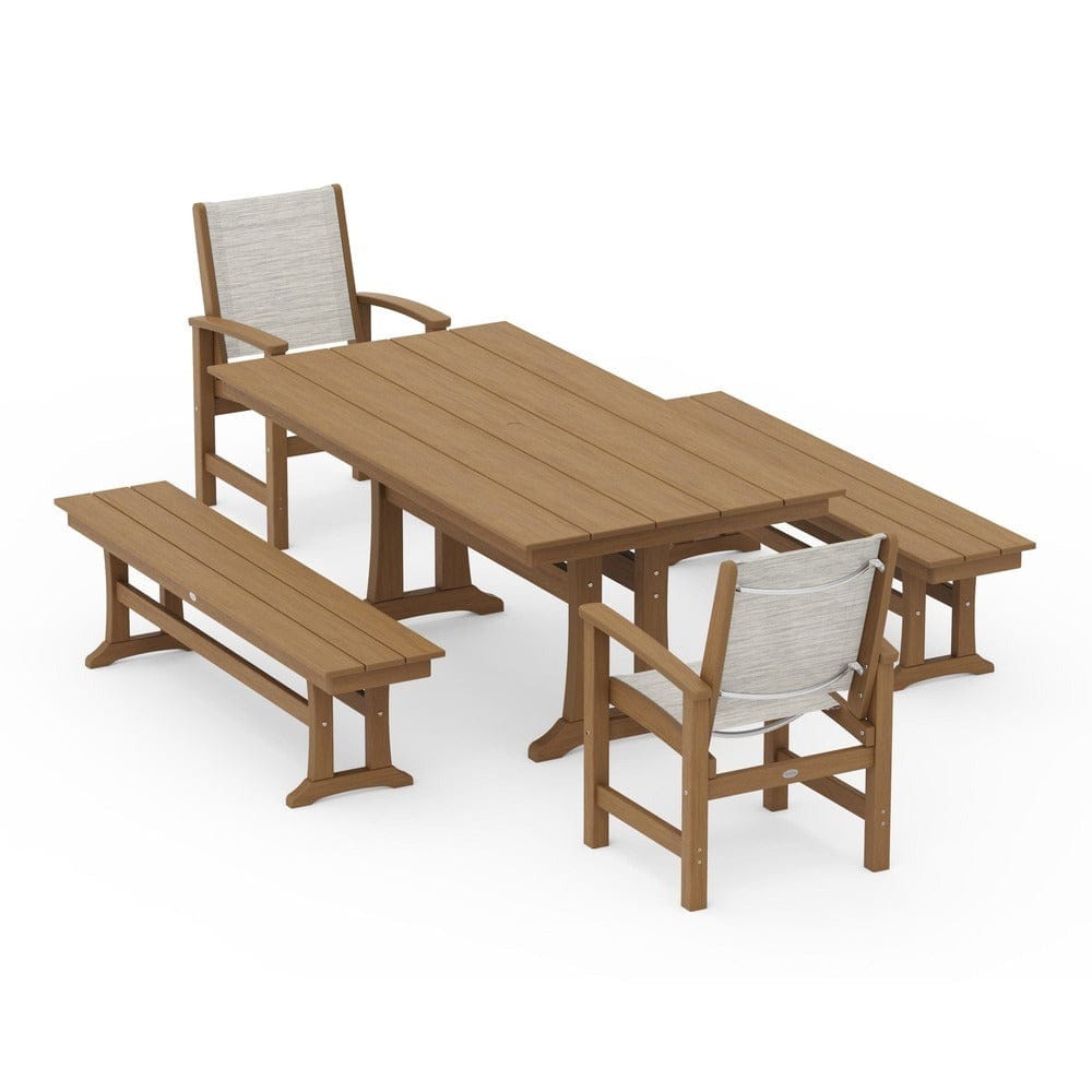 POLYWOOD® Outdoor Furniture POLYWOOD® - Coastal 5-Piece Farmhouse Dining Set with Trestle Legs and Benches - PWS1000
