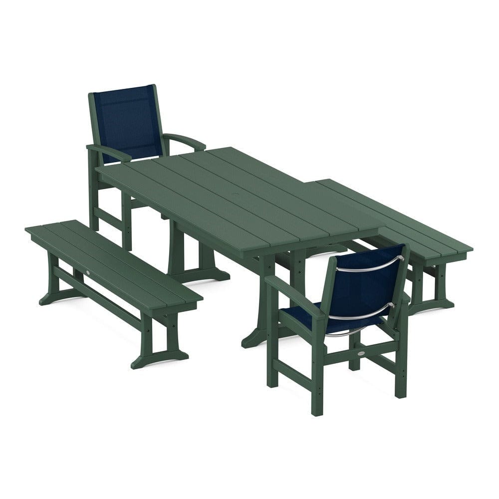 POLYWOOD® Outdoor Furniture Green / Navy Blue Sling POLYWOOD® - Coastal 5-Piece Farmhouse Dining Set with Trestle Legs and Benches - PWS1000