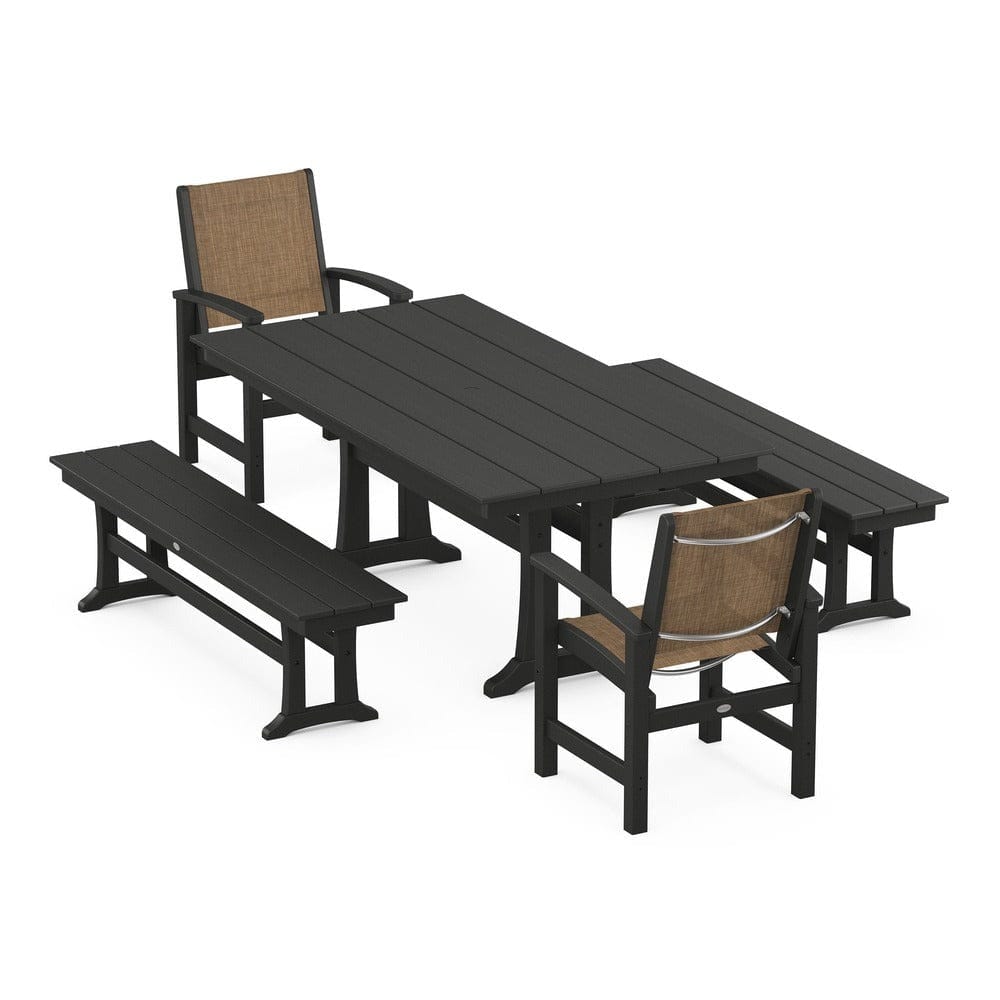 POLYWOOD® Outdoor Furniture Black / Burlap Sling POLYWOOD® - Coastal 5-Piece Farmhouse Dining Set with Trestle Legs and Benches - PWS1000