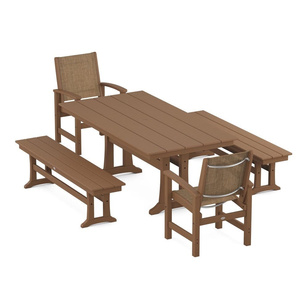 POLYWOOD® Outdoor Furniture Teak / Burlap Sling POLYWOOD® - Coastal 5-Piece Farmhouse Dining Set with Trestle Legs and Benches - PWS1000