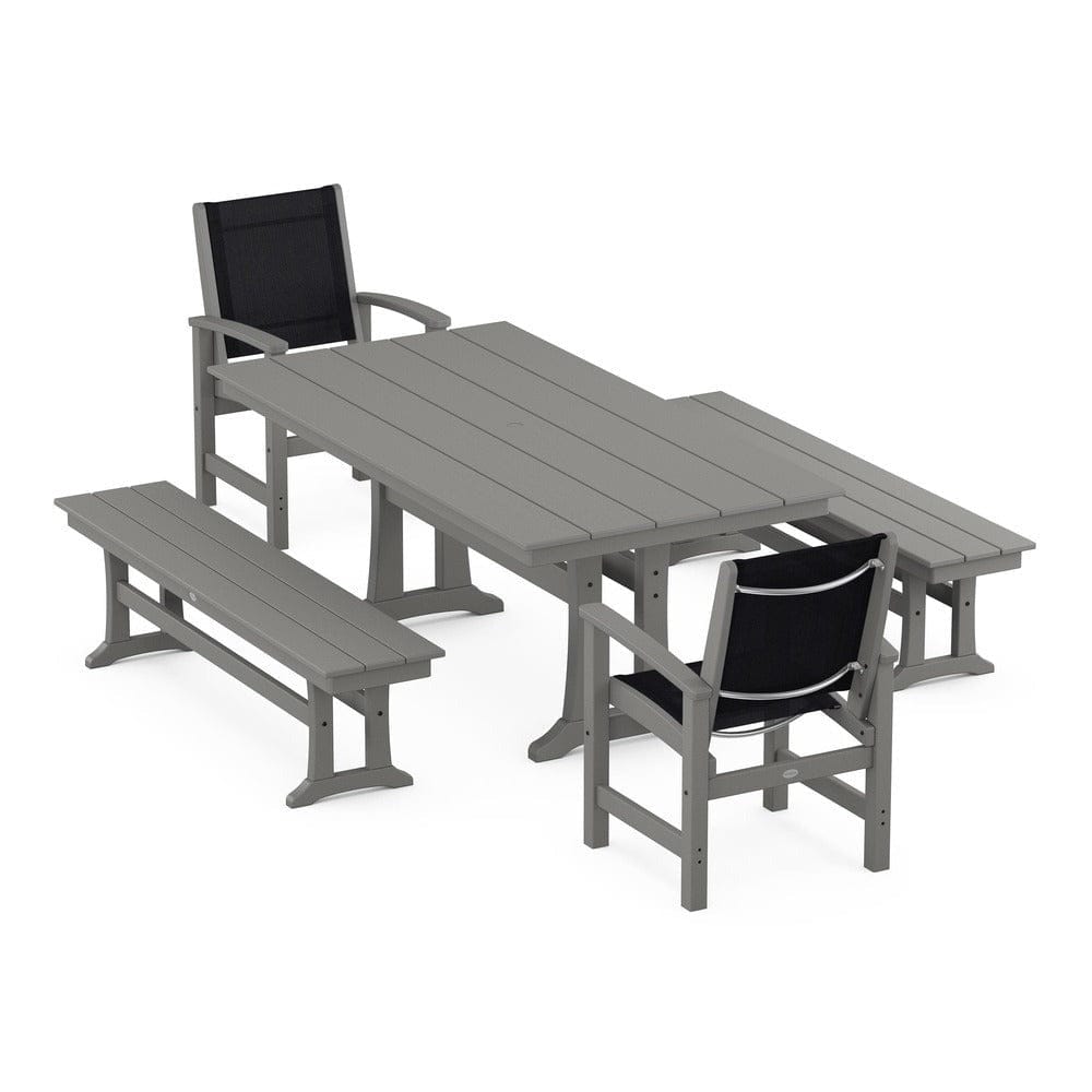 POLYWOOD® Outdoor Furniture Slate Grey / Black Sling POLYWOOD® - Coastal 5-Piece Farmhouse Dining Set with Trestle Legs and Benches - PWS1000