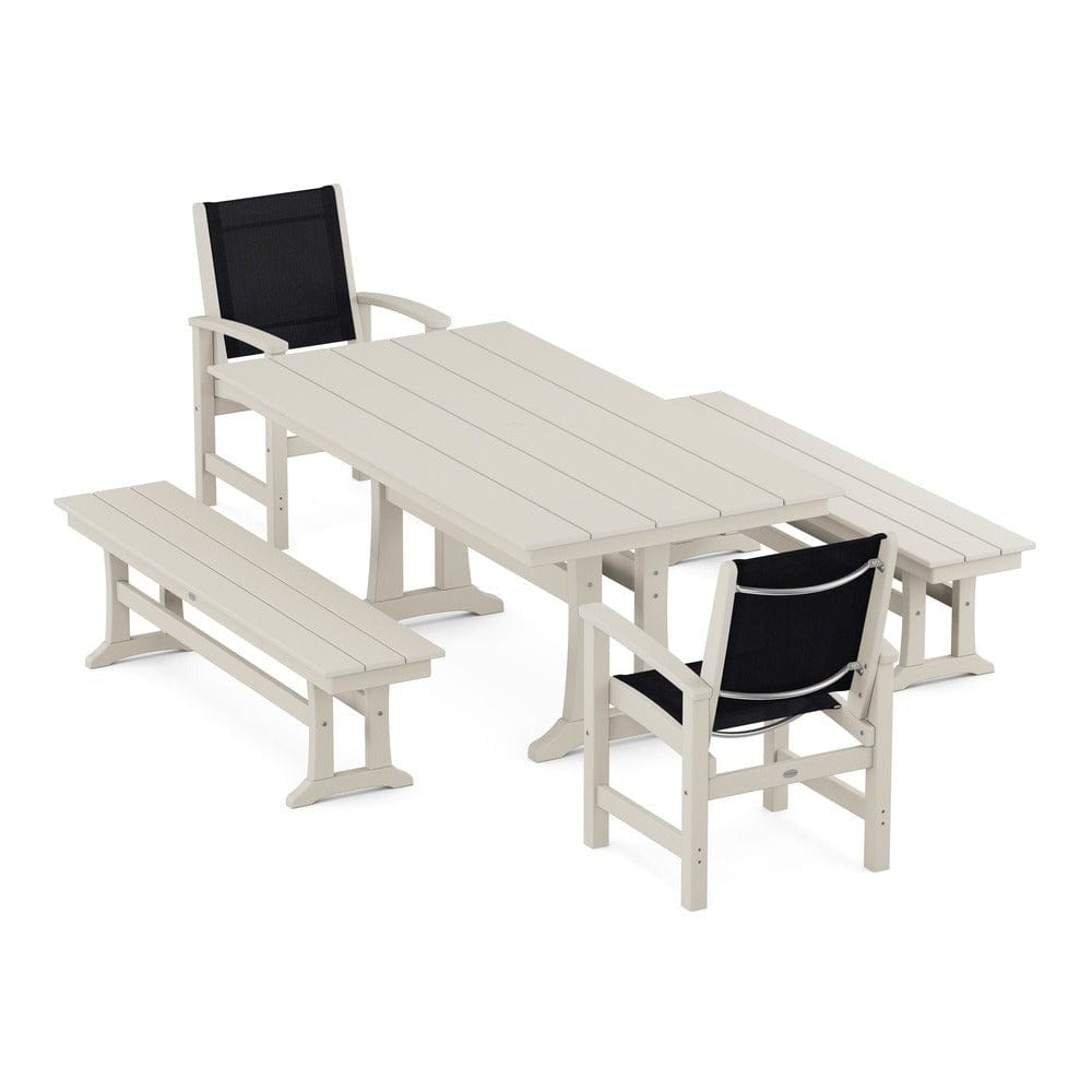POLYWOOD® - Coastal 5-Piece Farmhouse Dining Set with Trestle Legs and Benches - PWS1000 Outdoor Furniture POLYWOOD®